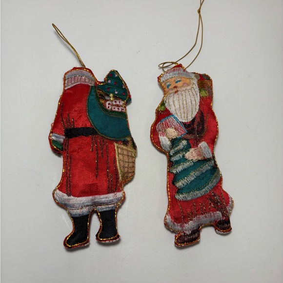 VTG Silk Embroidered Fabric Santa Ornaments Set Of Two Toy Sack Christmas Trees - Picture 2 of 12
